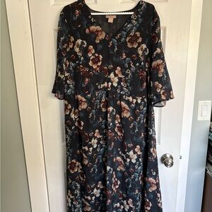 H&M Black Midi Dress with Brown and Cream Floral Print
